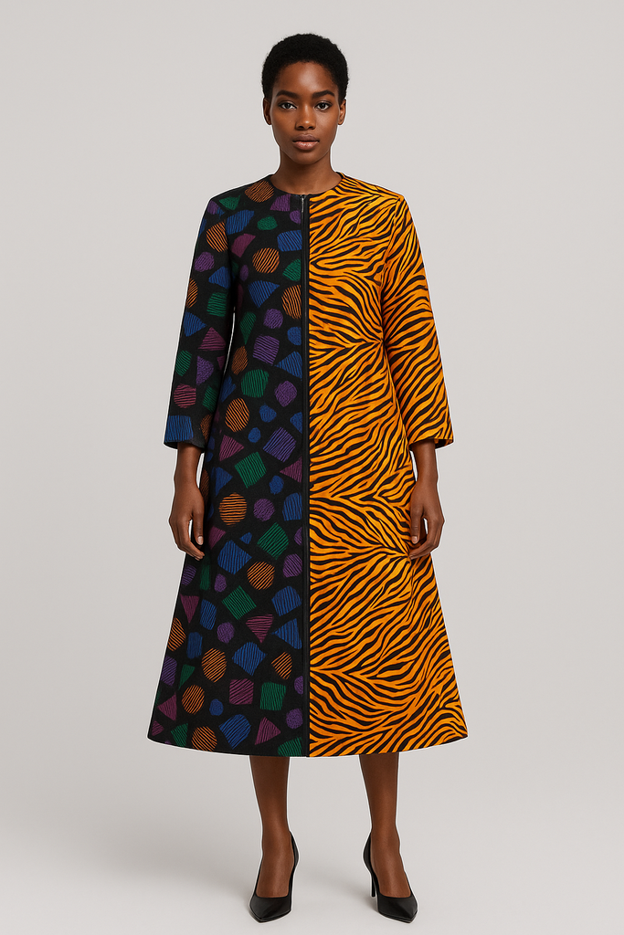 African Print Brown and blue Short dress with sleeves